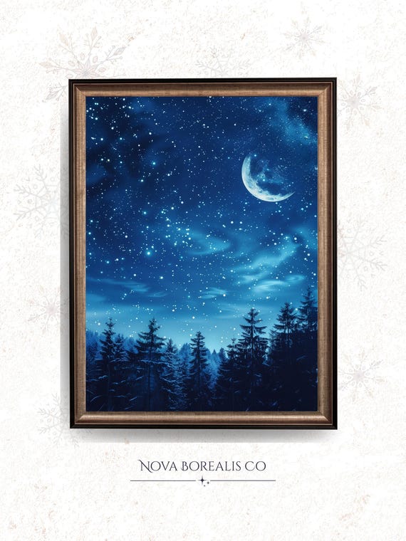 Starry Winter Night Sky Crescent Moon Over Snowy Pine Forest Poster