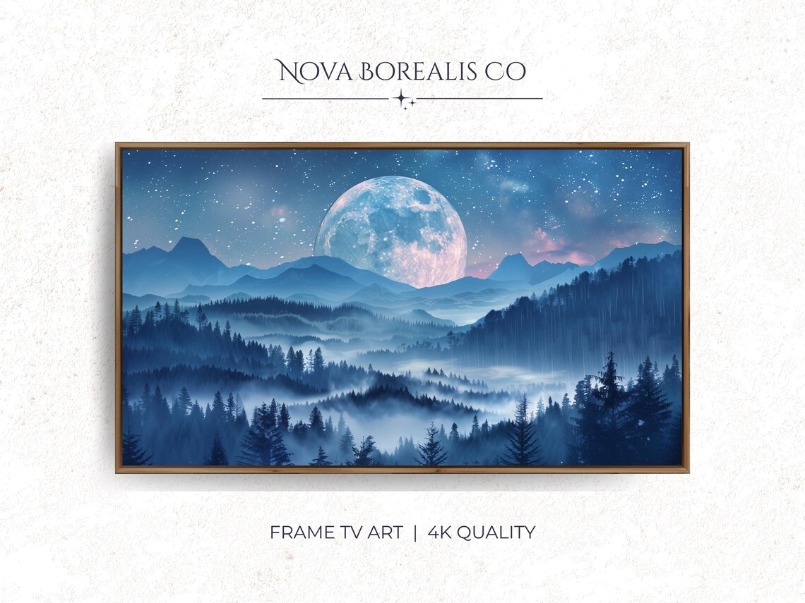 Full Moon Misty Forest Art Print, Dreamy Winter Landscape