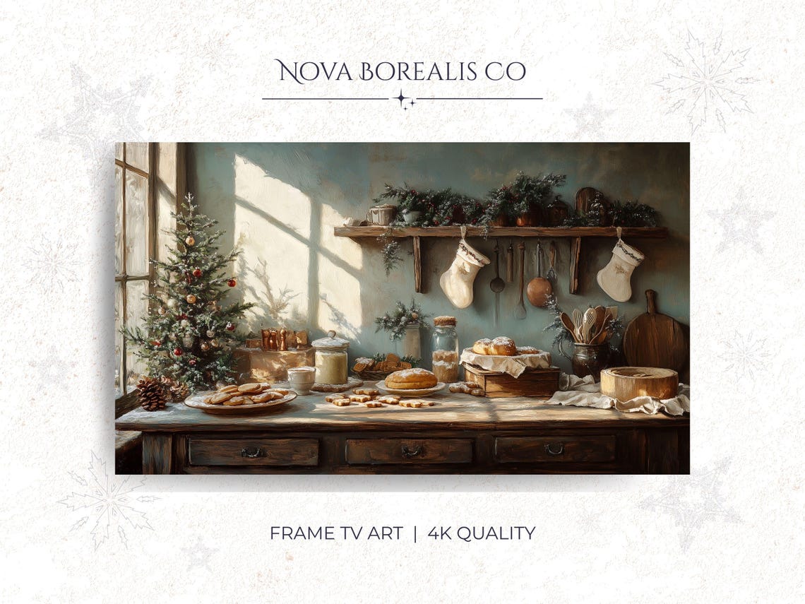 Cozy Vintage Christmas Kitchen Baking Scene Cookies Tree Frame Poster
