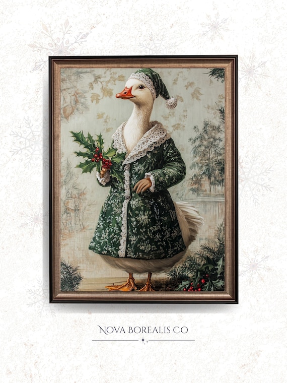 Vintage Christmas Goose in Green Coat Holding Holly Nightcap Wall Art