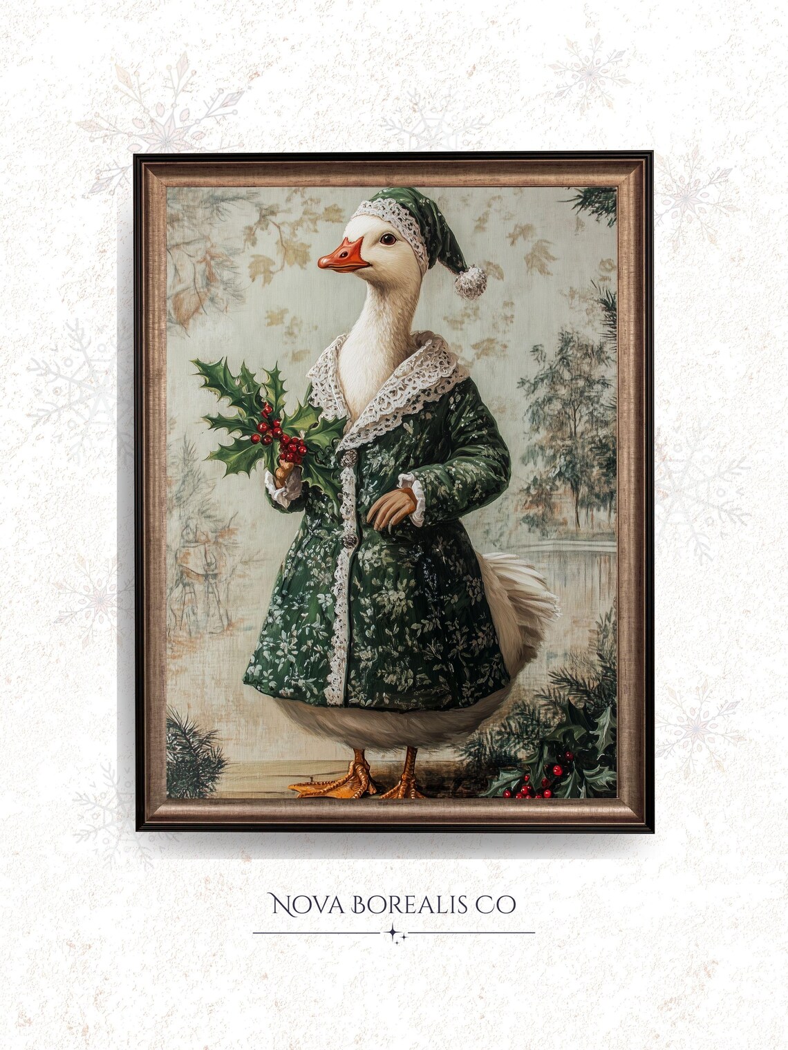 Vintage Christmas Goose in Green Coat Holding Holly Nightcap Wall Art