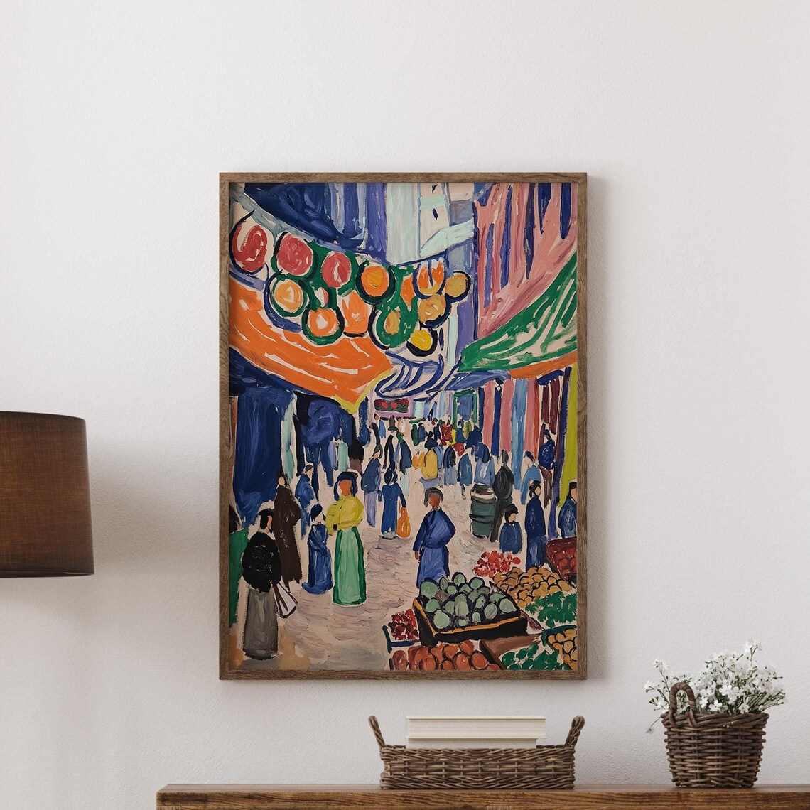 London Farmers Market Bustling Street Matisse Style Colorful Art Print
