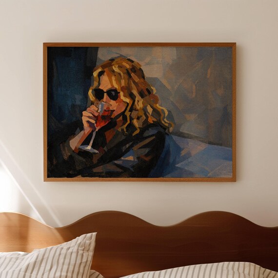 Abstract Woman Drinking Wine Oil Painting Print Horizontal Modern Figurative Illustration Wall Art Hand Drawn Contemporary Fashion Poster