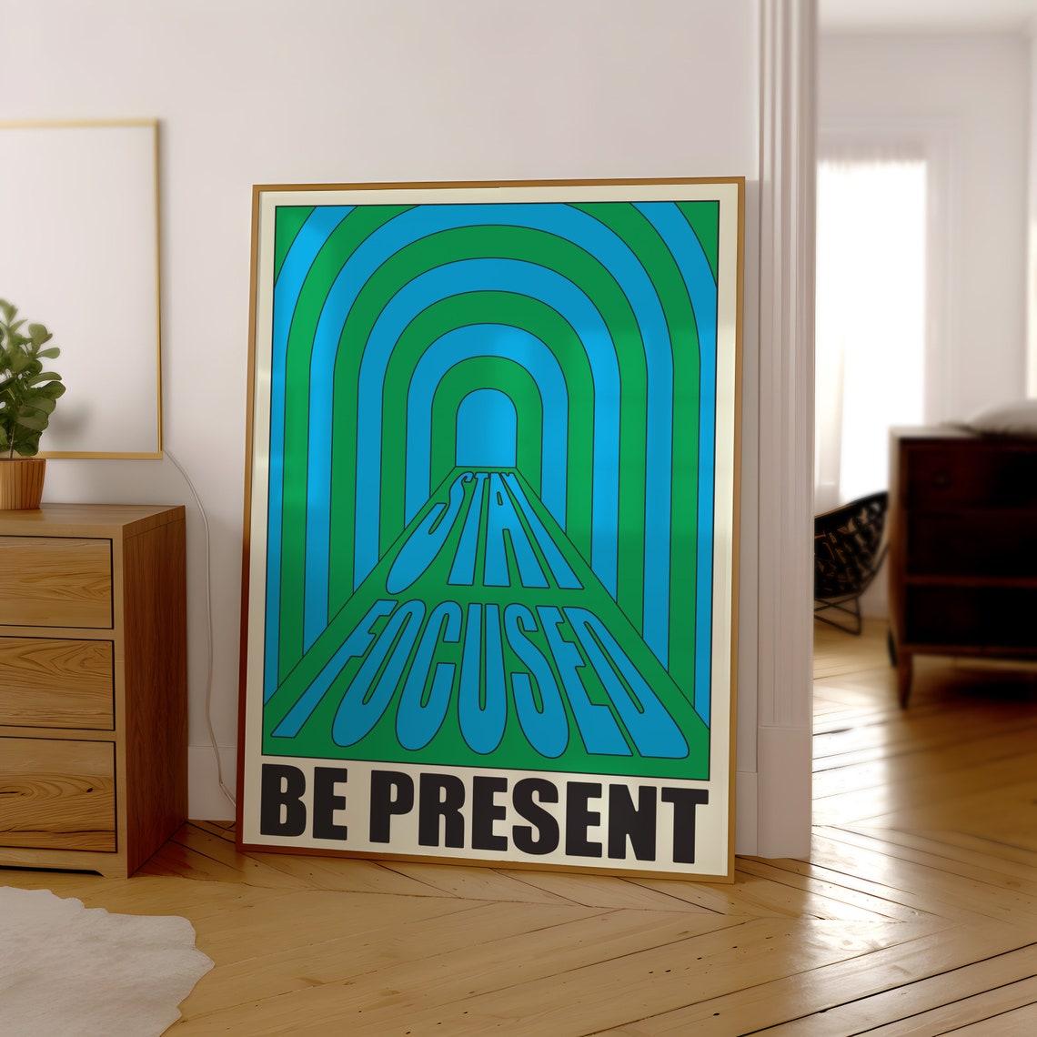 Stay Focused Be Present Blue Green Psychedelic Tunnel Poster - Image 3