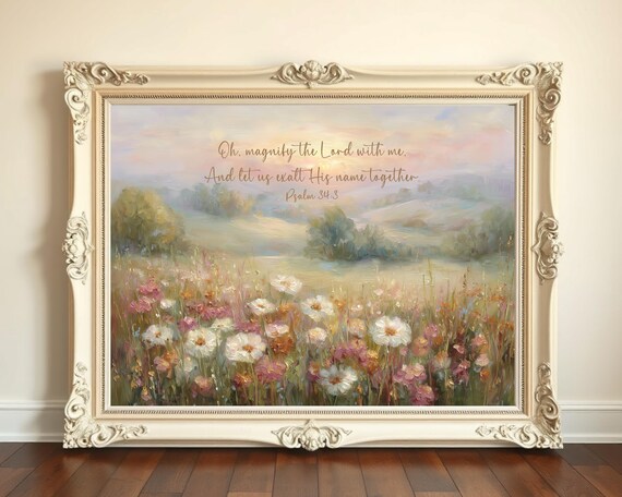 Psalm 34 3 Scripture Pastel Wildflower Meadow Christian Sunrise Poster