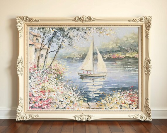 Vintage Sailboat Impressionist Floral Lake Cottage Art Print