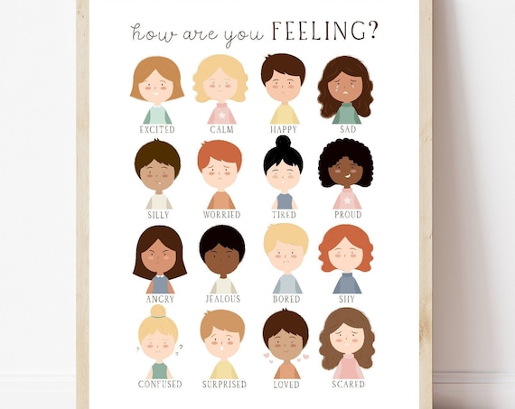 Feelings Chart Emotions Art Print, Boho Classroom Decor