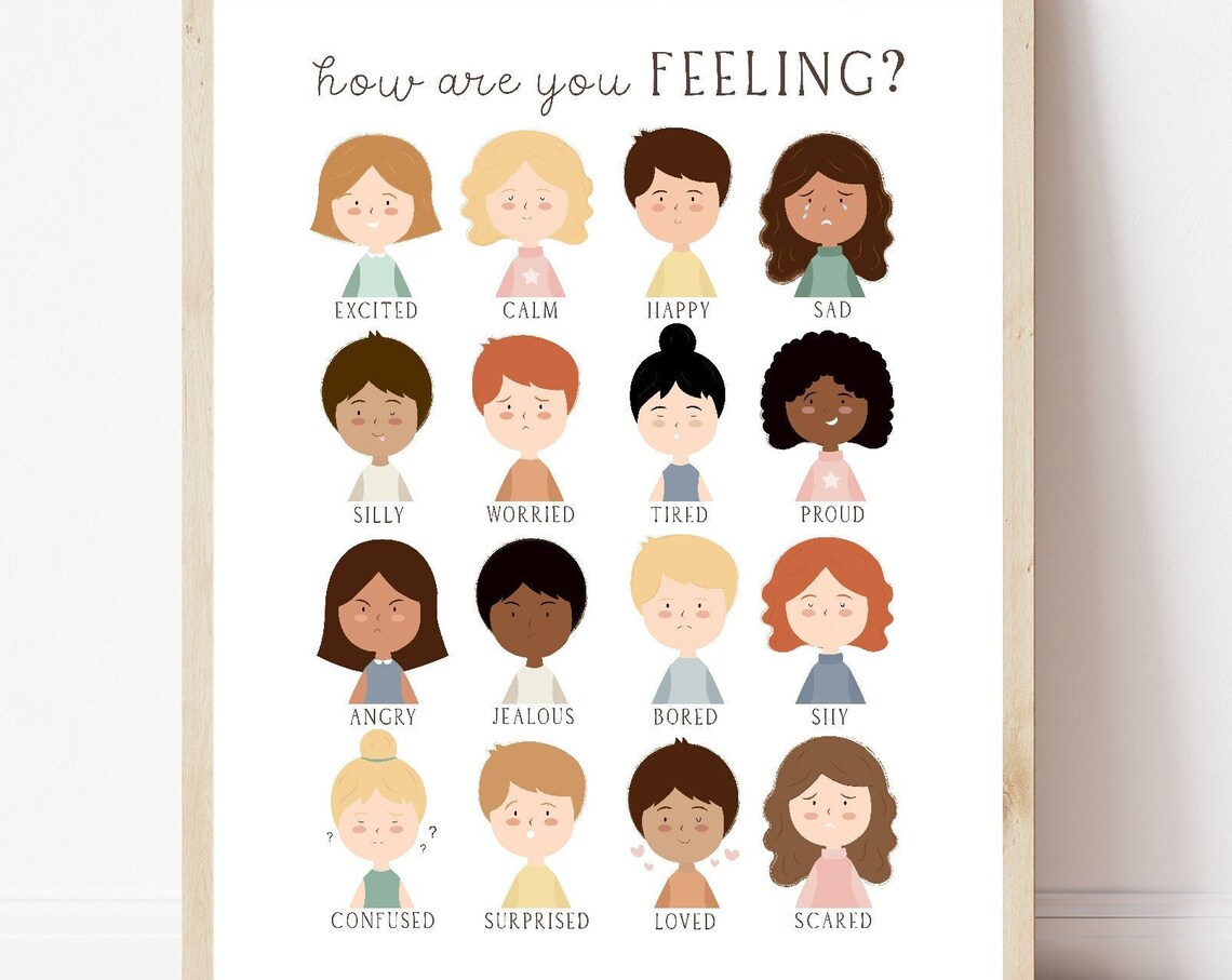 Feelings Chart Emotions Art Print, Boho Classroom Decor