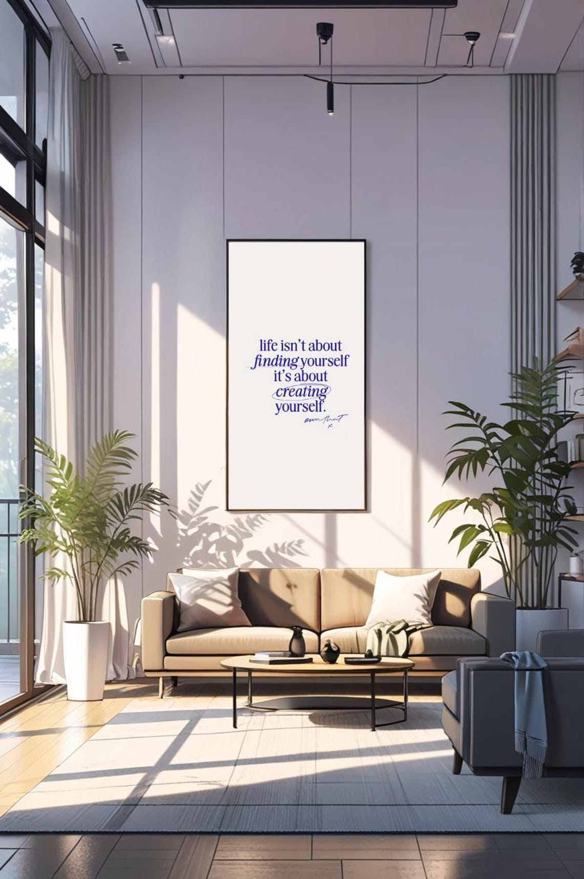 Life Is About Creating Yourself Blue Serif Inspirational Quote Print
