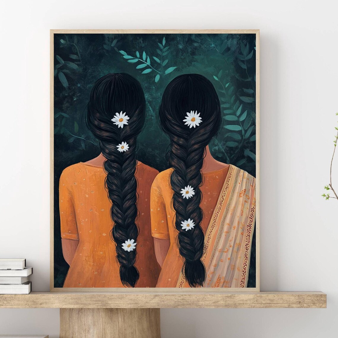 Indian Sisters Braided Hair Daisy Flowers Traditional Art Poster