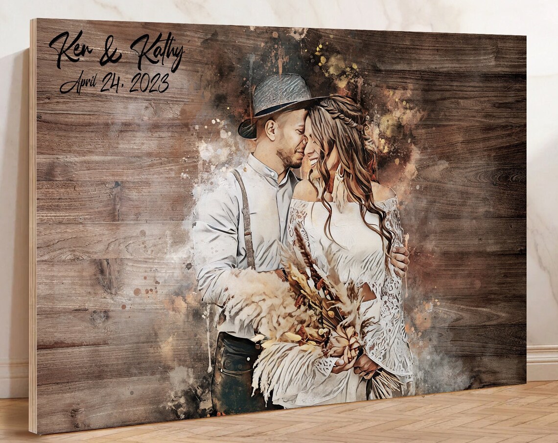 Marie and Joan Wedding Couple Watercolor Portrait Date Poster - Image 3