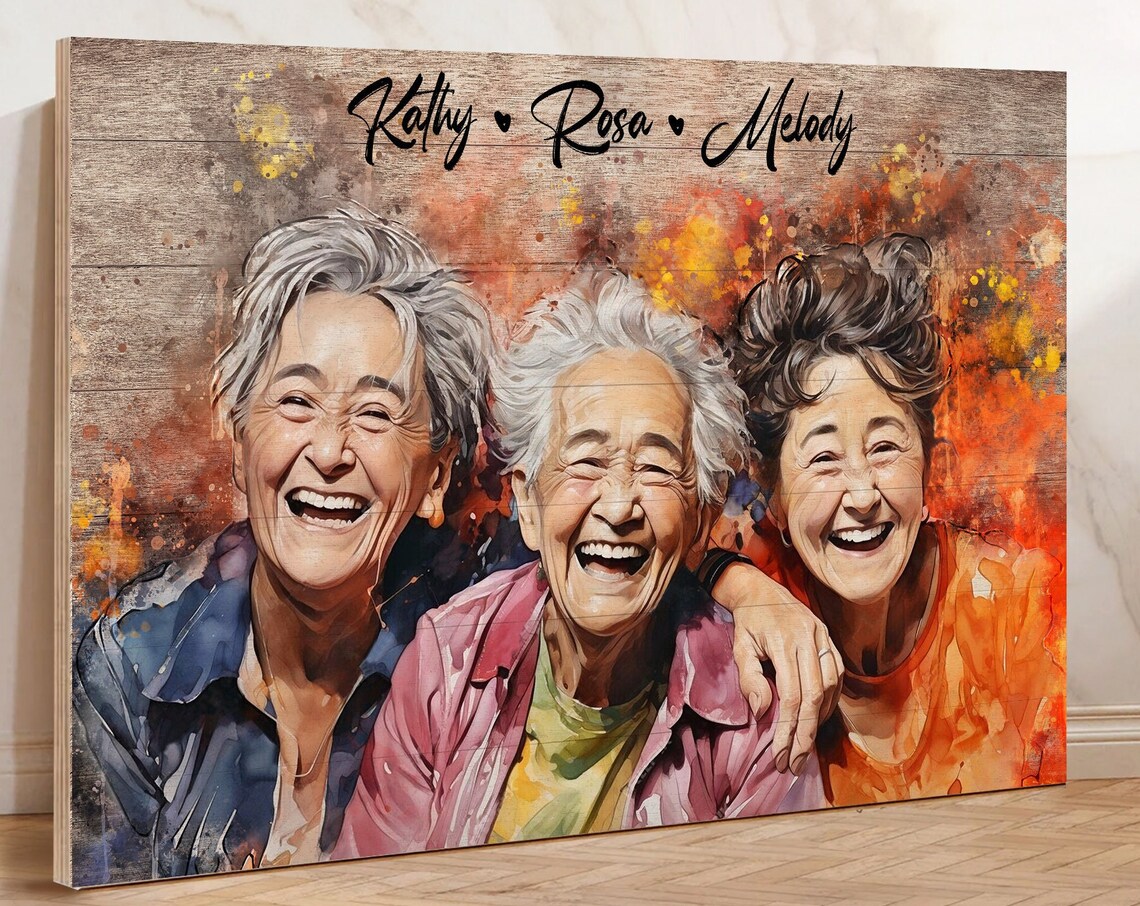 Three Laughing Older Women Custom Names Watercolor Friendship Poster