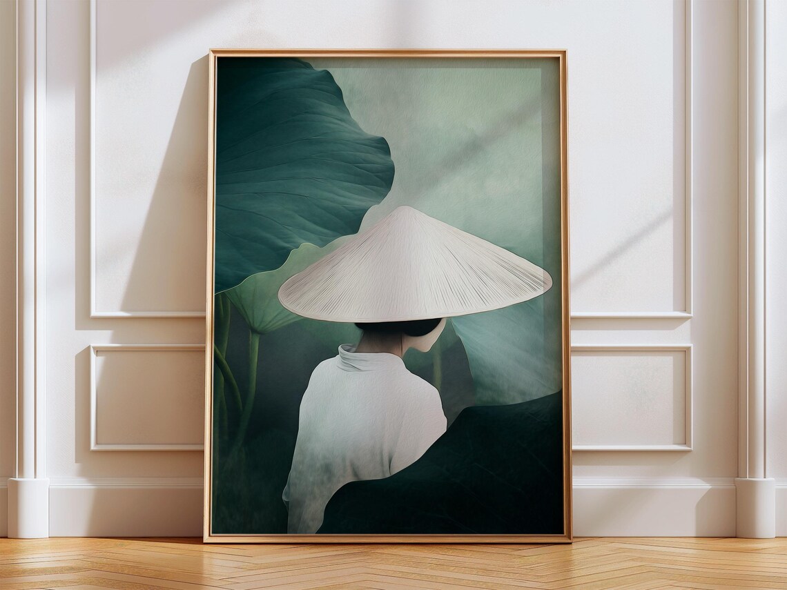 Woman With Conical Hat Among Giant Lotus Leaves Misty Green Art Poster