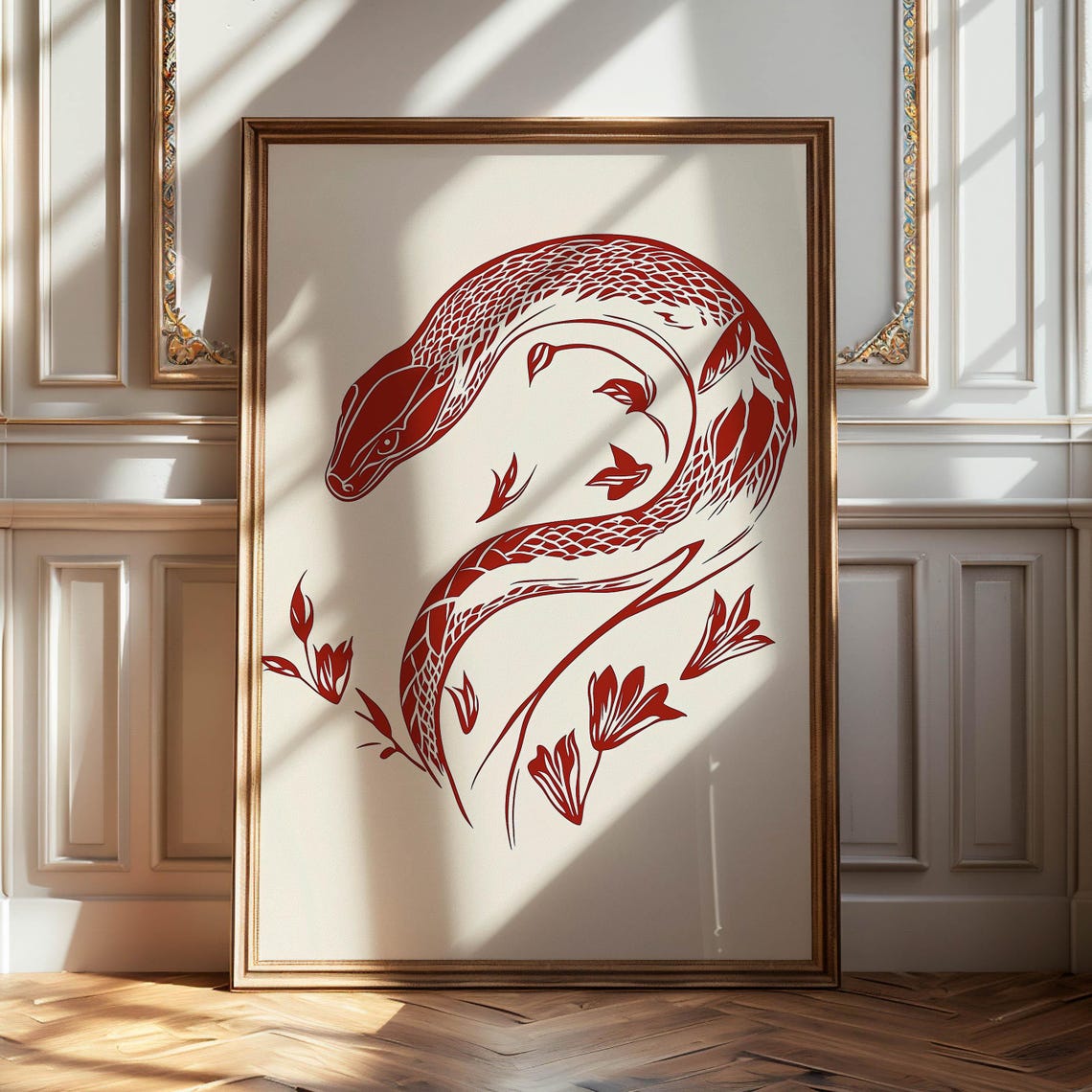 Red Paper Cut Snake Floral Design Bold Minimalist Art Poster