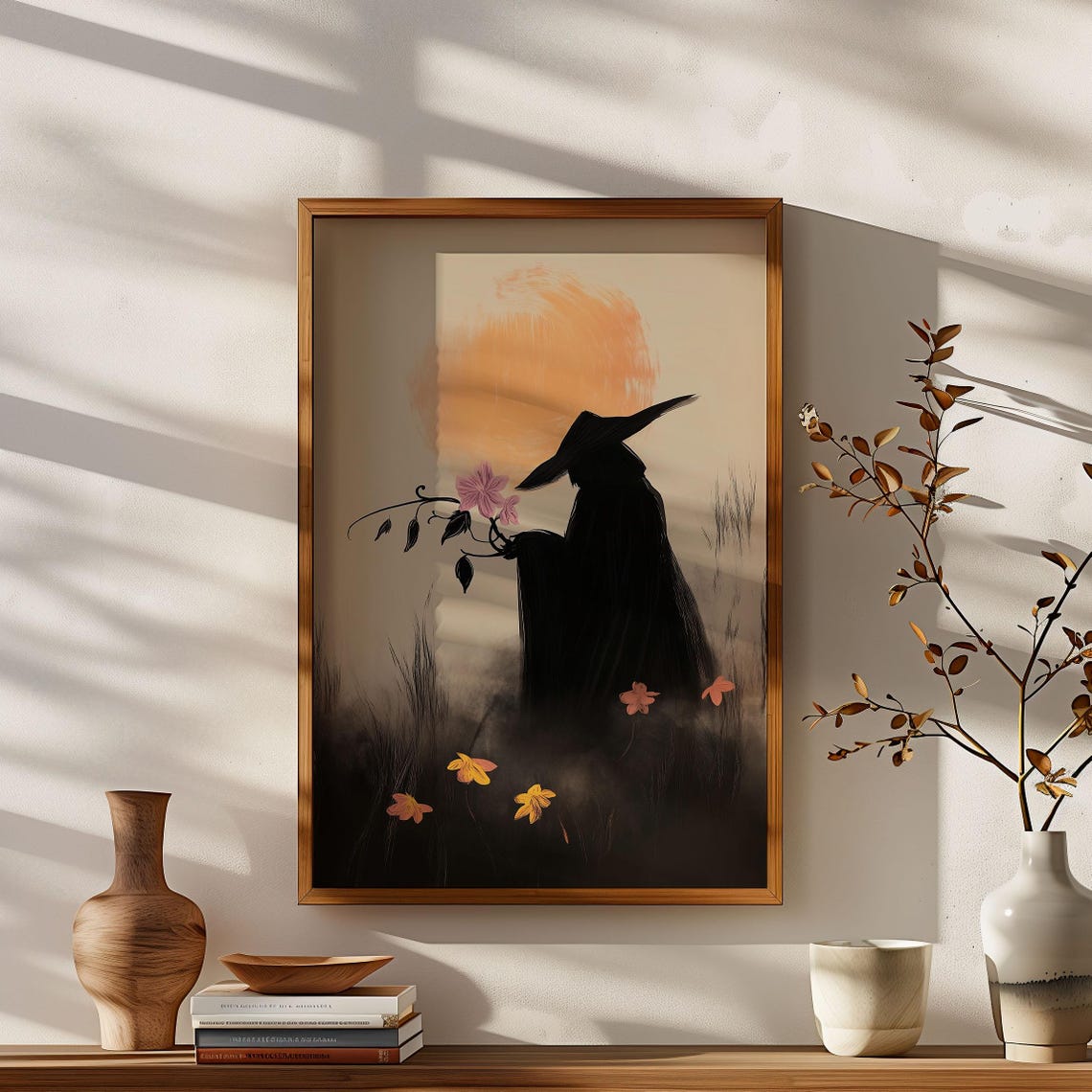 Witch Silhouette Harvest Moon Wildflower Dark Autumn Art Poster - Image 2