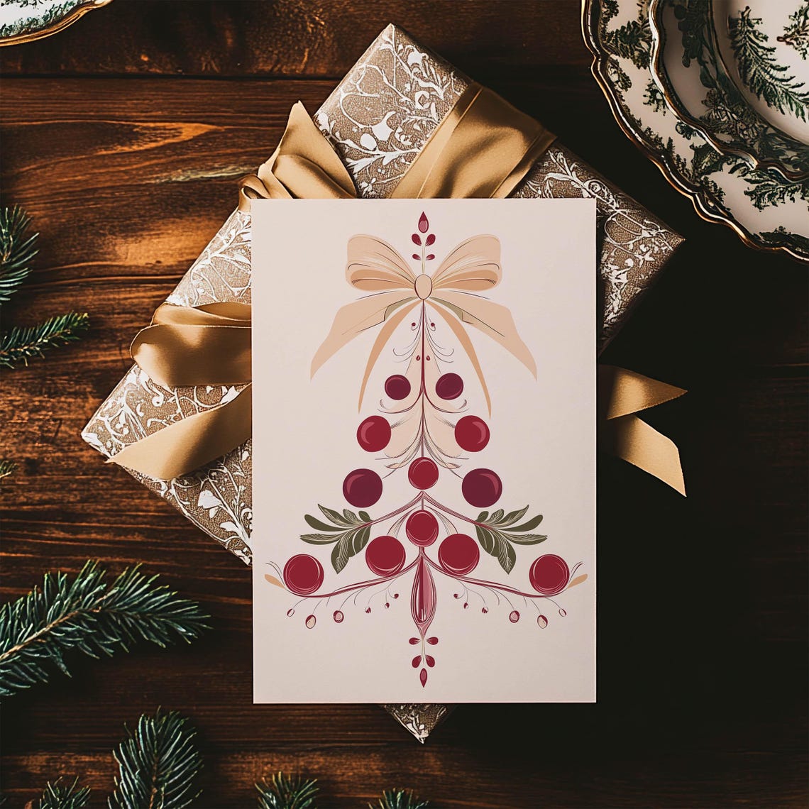 Red Berry Christmas Tree Gold Bow Elegant Holiday Art Poster - Image 3