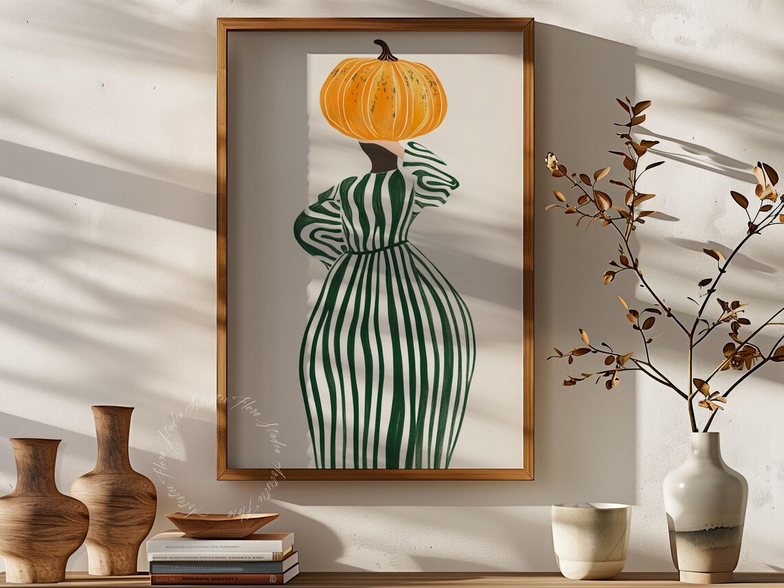 Pumpkin Head Woman in Striped Dress Fall Autumn Illustration Poster - Image 4