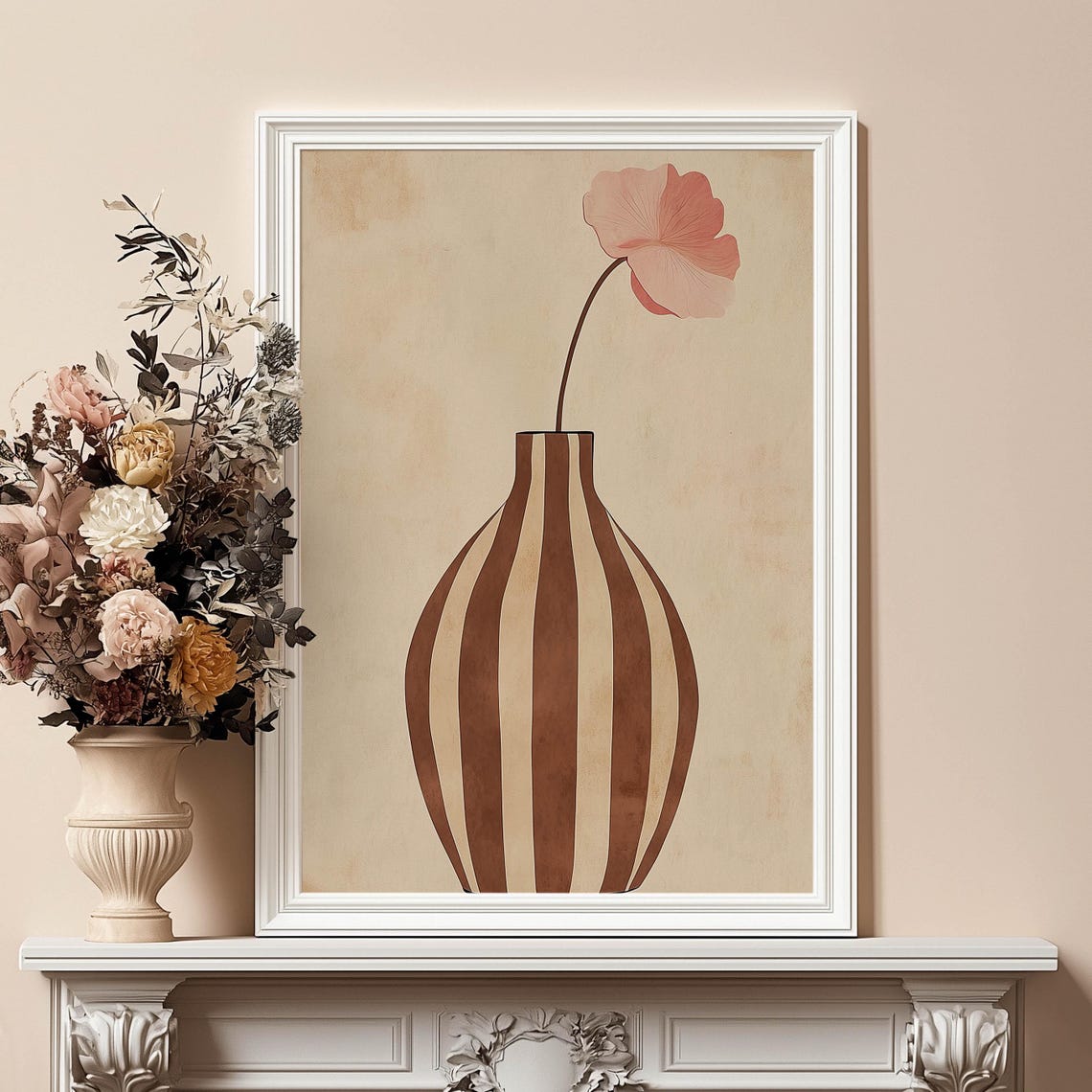 Striped Terracotta Vase with Pink Poppy Minimalist Art Poster - Image 3