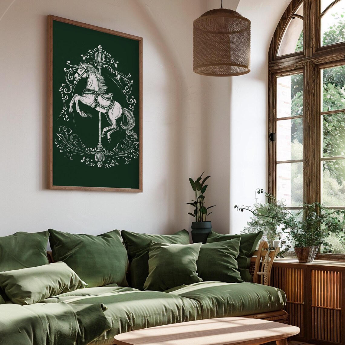Antique White Carousel Horse Dark Green Vintage Style Poster - Image 2