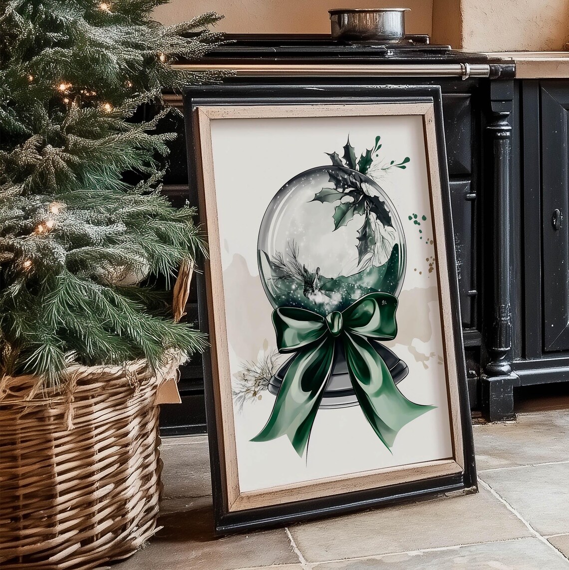 Green Holly Snow Globe With Satin Bow Christmas Watercolor Art Poster - Image 2