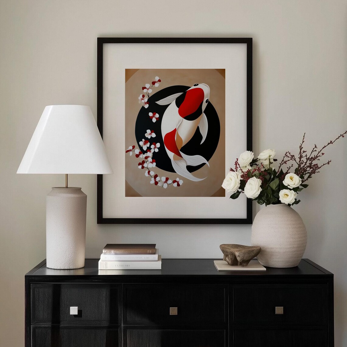 Koi Fish Circle Cherry Blossom Japanese Art Red White Black Poster - Image 3