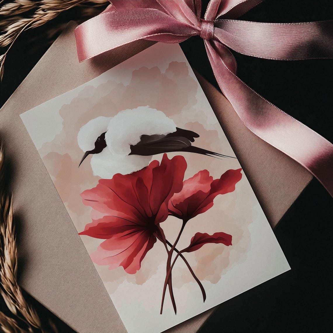 Fluffy Black White Bird Red Blossom Soft Watercolor Art Poster - Image 3