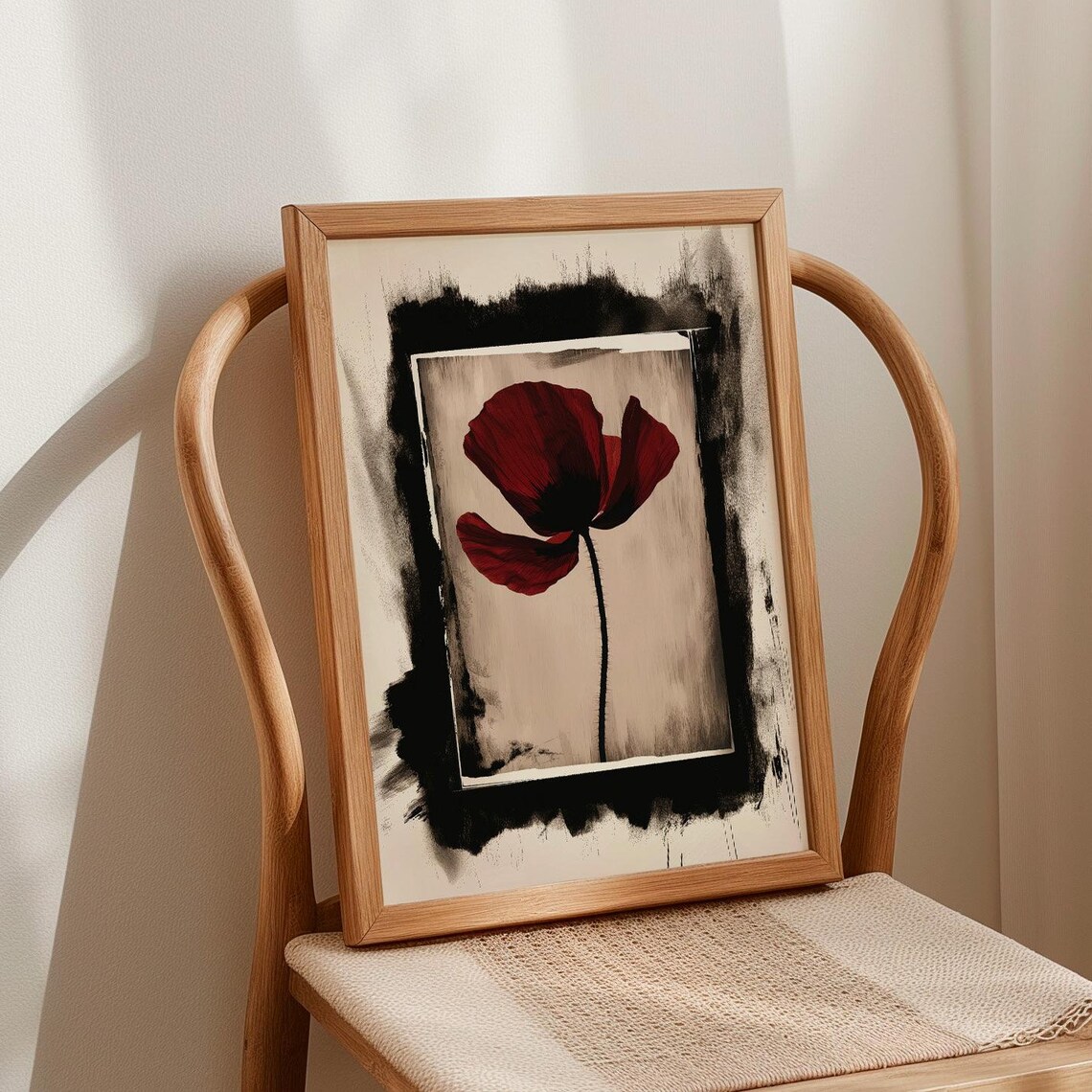 Red Poppy Sepia Moody Autumn Ink Wash Botanical Painting Poster - Image 3