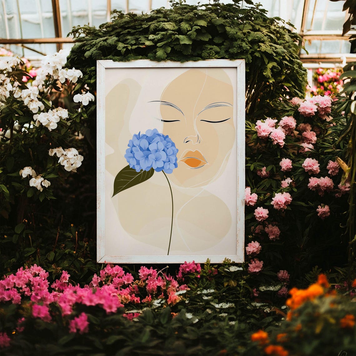 Minimalist Woman Face with Blue Hydrangea Line Art Decor Poster - Image 2