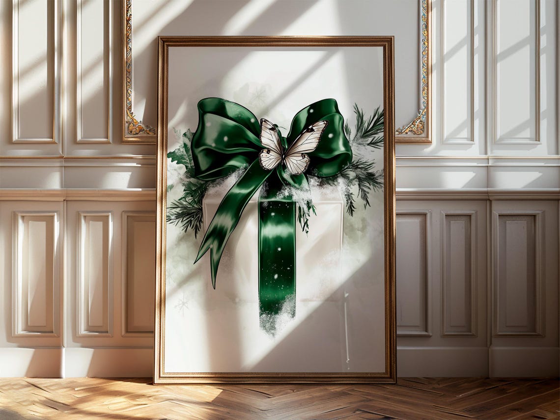 Emerald Green Bow Christmas Gift Box With Butterfly Art Poster - Image 5
