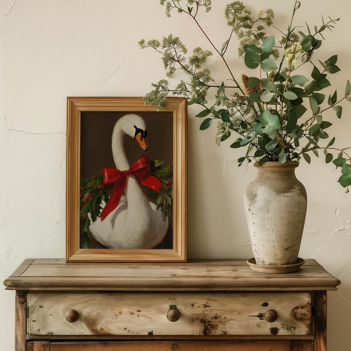White Swan With Red Bow And Holly Berries Christmas Painting Poster - Image 4