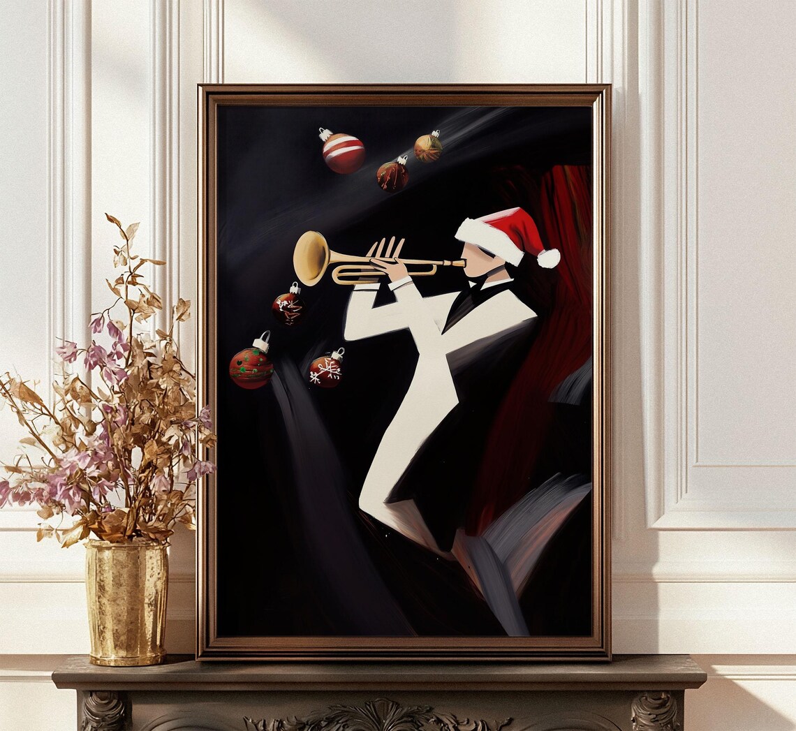 Jazz Trumpet Player in Santa Hat Christmas Abstract Art Poster - Image 4