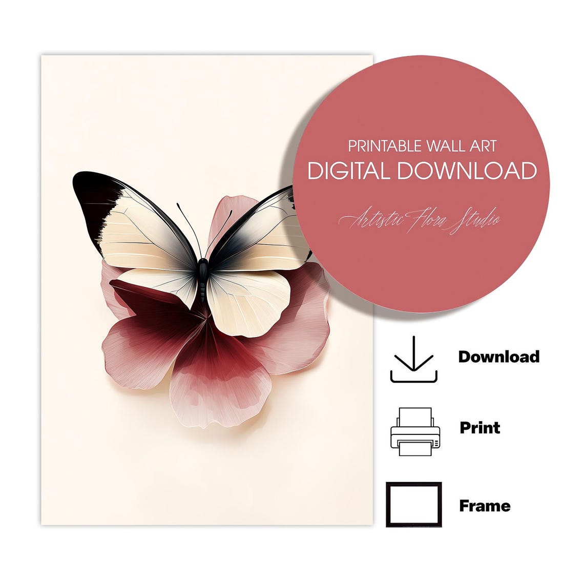 White Butterfly Burgundy Petals Minimalist Insect Art Poster - Image 2