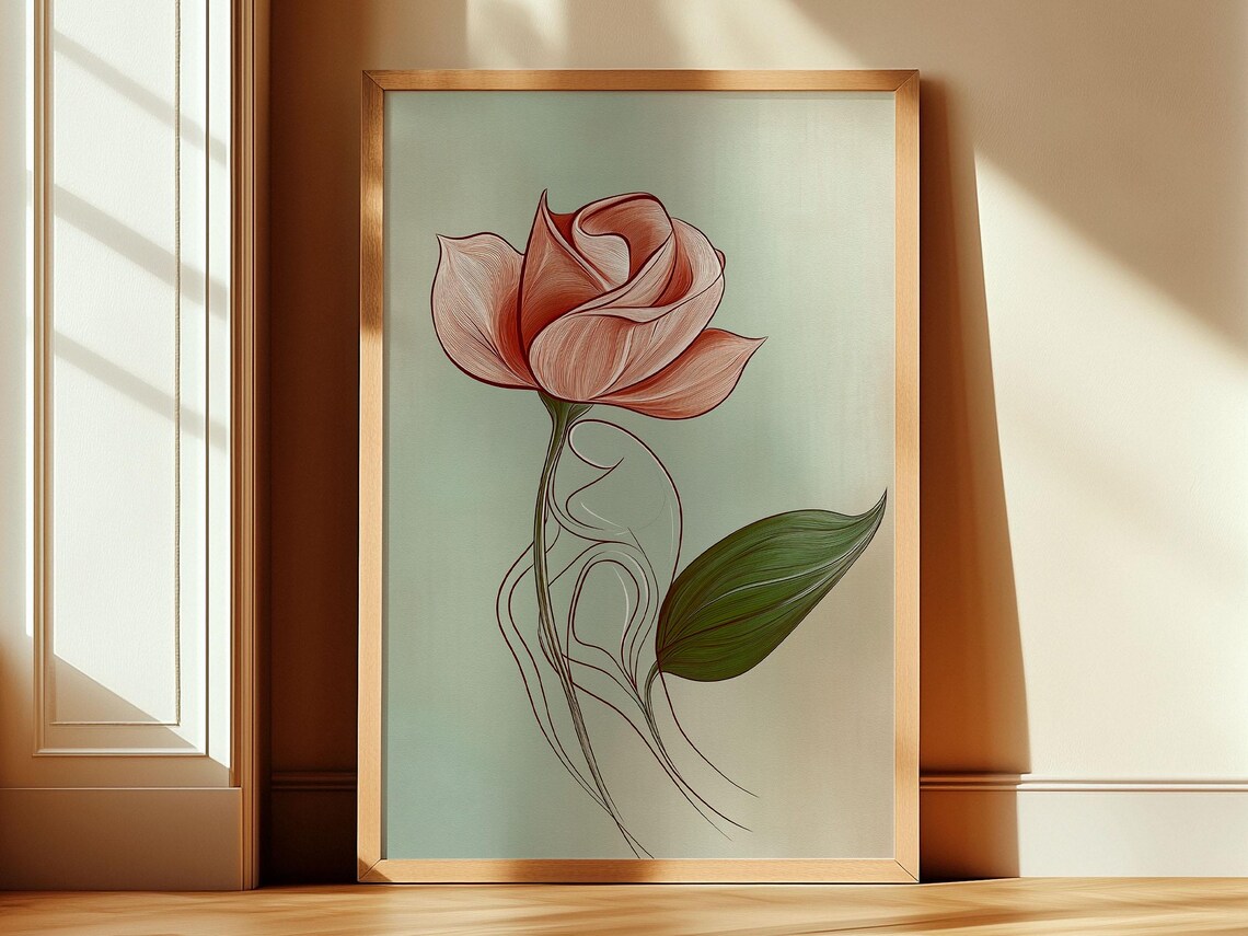 Pink Rose Woman Line Art Sage Green Elegant Feminine Wall Poster