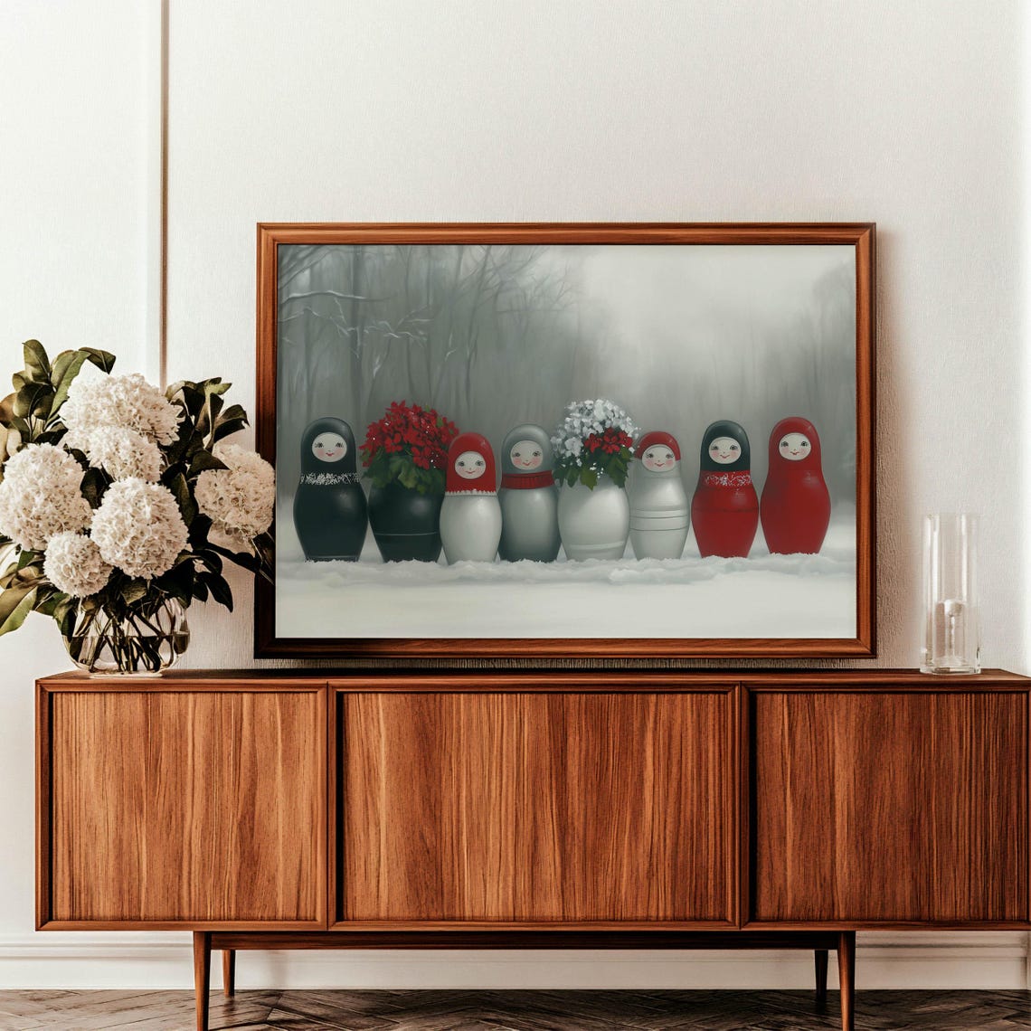 Matryoshka Nesting Dolls With Poinsettias In Snowy Forest Poster - Image 5