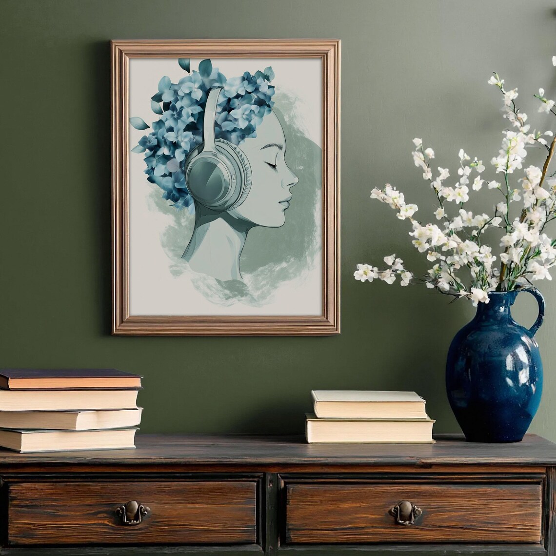 Serene Woman Headphones Hydrangea Hair Teal Watercolor Poster - Image 2
