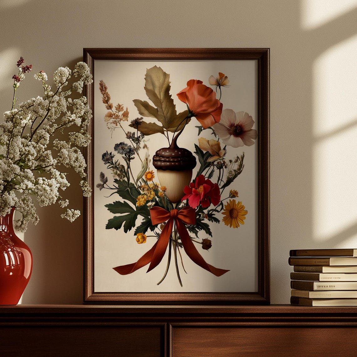 Acorn Wildflower Meadow Bouquet Red Bow Fall Harvest Floral Poster - Image 3