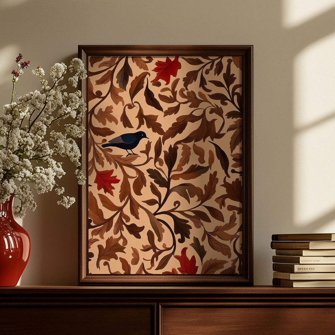 Vintage Botanical Tapestry Bird and Autumn Leaf Pattern Poster - Image 2