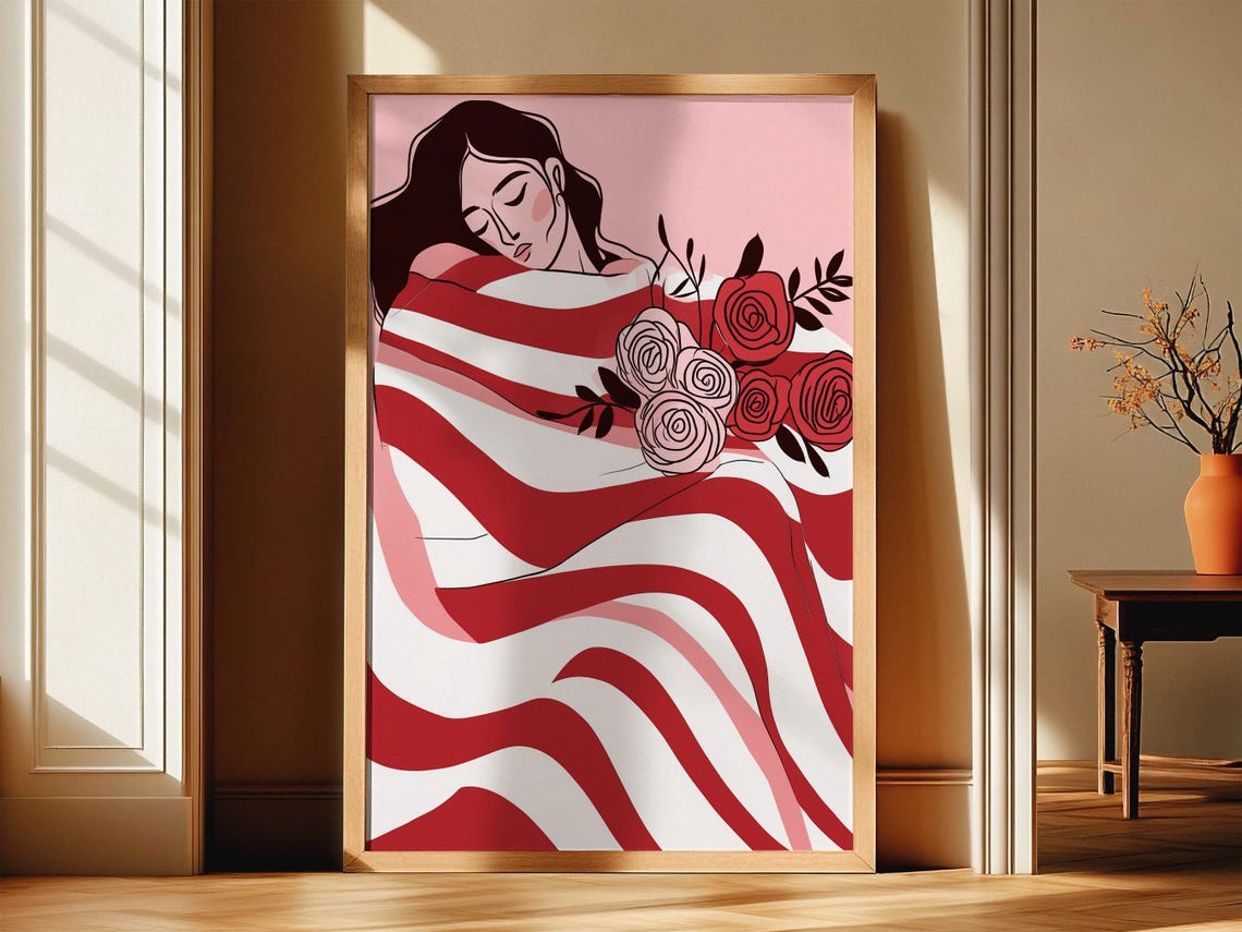 Sleeping Woman Red Striped Blanket Roses Romantic Art Poster