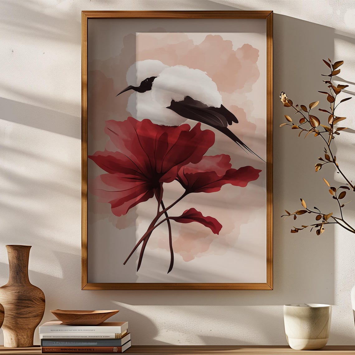 Fluffy Black White Bird Red Blossom Soft Watercolor Art Poster - Image 4