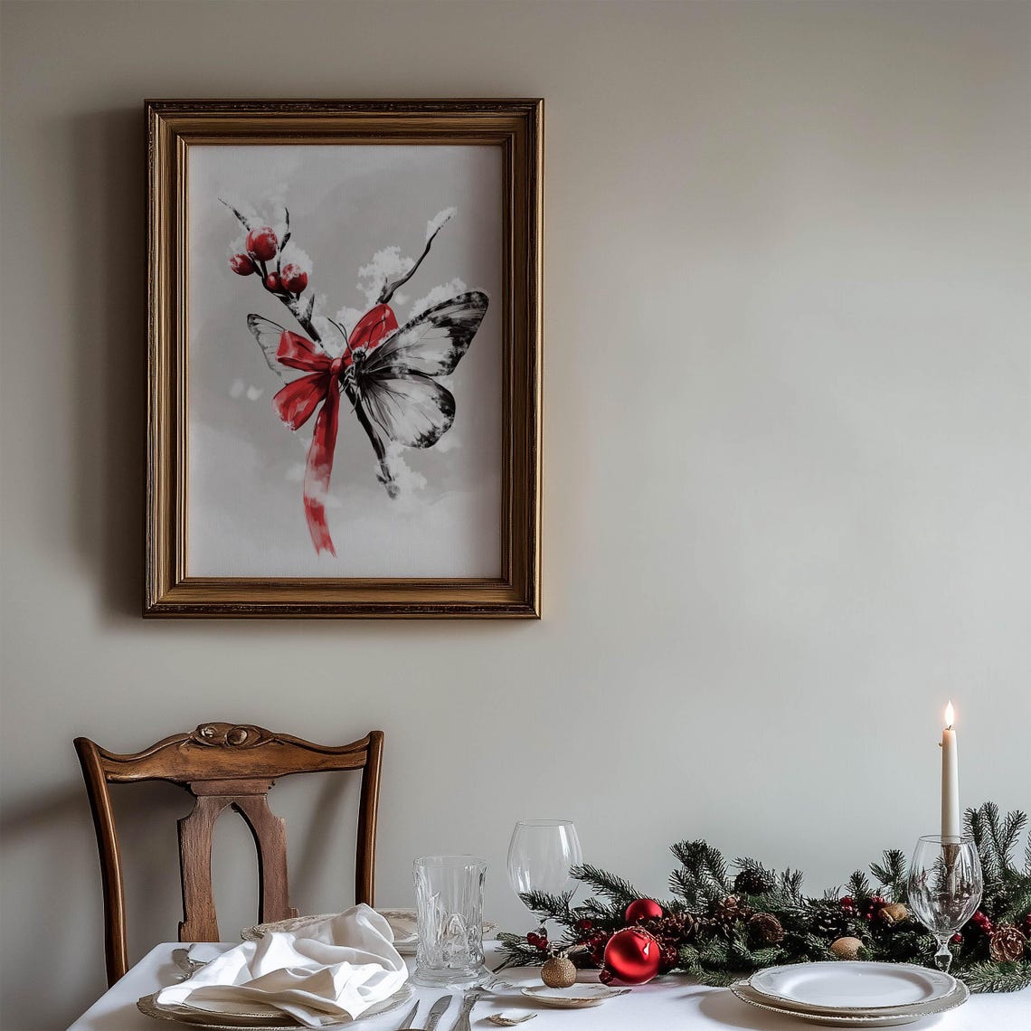 Red Bow Winterberry Branch With Butterfly Snow Painting Poster - Image 4