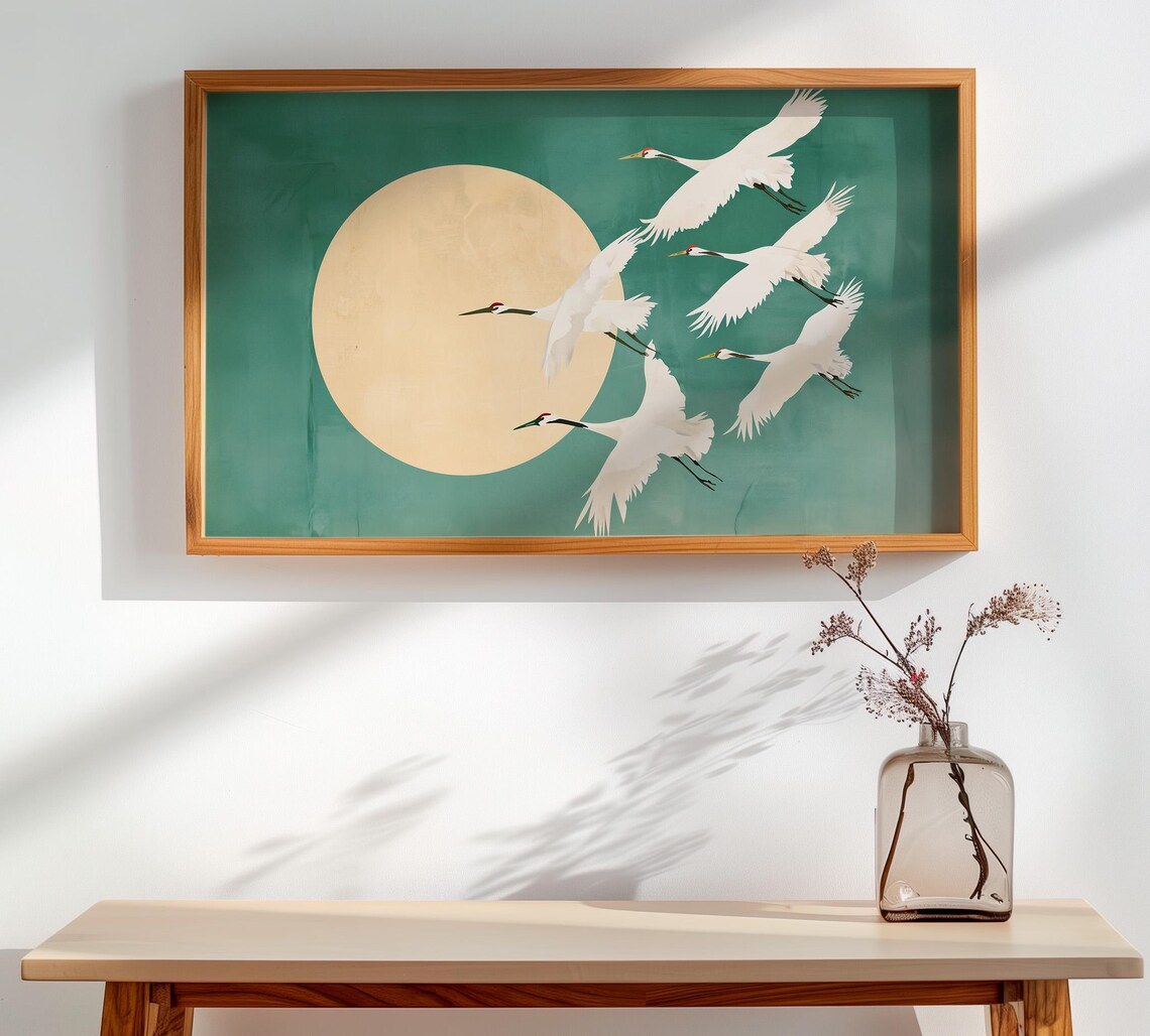 Flying White Cranes Over Gold Moon Japandi Teal Style Poster - Image 3