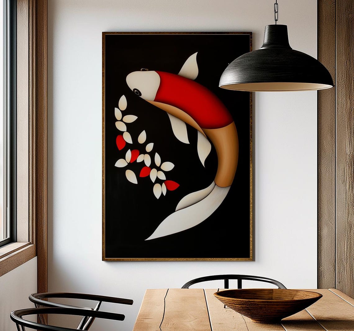 Red Koi Fish Minimalist Modern Japanese Black Background Art Poster