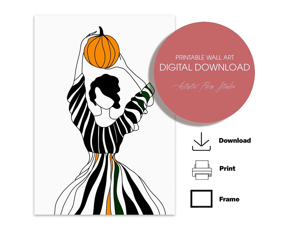 Woman Holding Pumpkin Overhead Striped Dress Fall Art Poster - Image 4