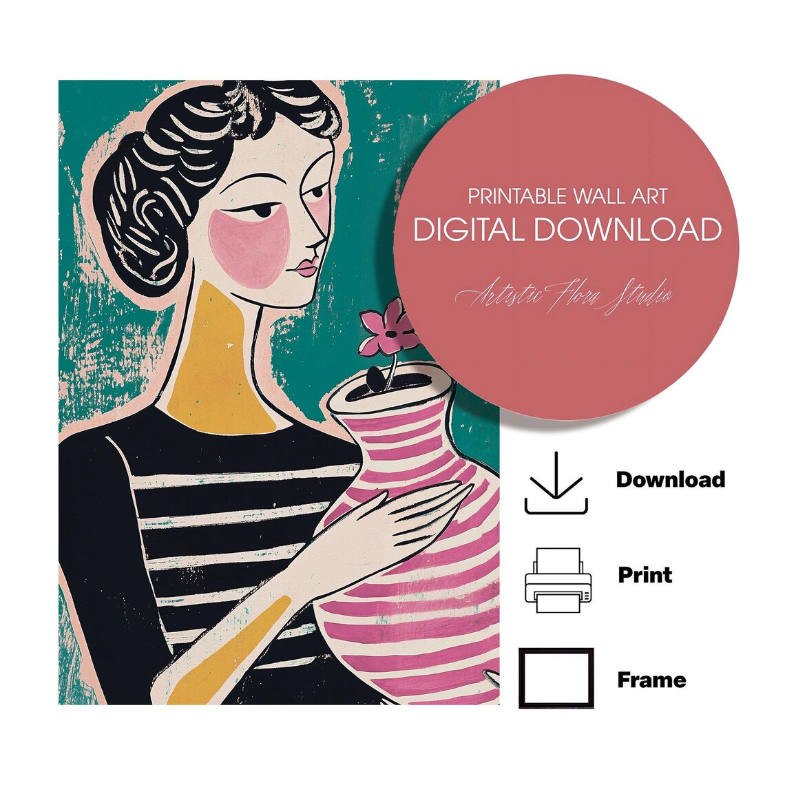 Woman In Breton Stripe Top Holding Pink Striped Flower Vase Poster - Image 3