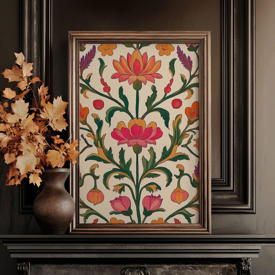 Indian Pichwai Floral Lotus Pattern on Cream Folk Art Poster