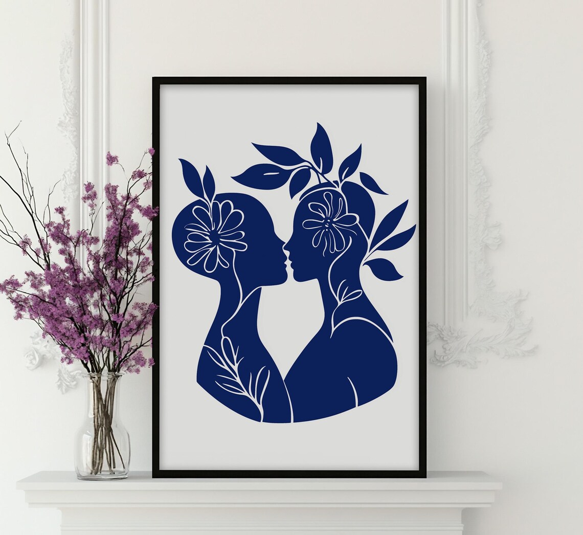 Royal Blue Kissing Faces Floral Abstract Female Silhouette Poster - Image 3