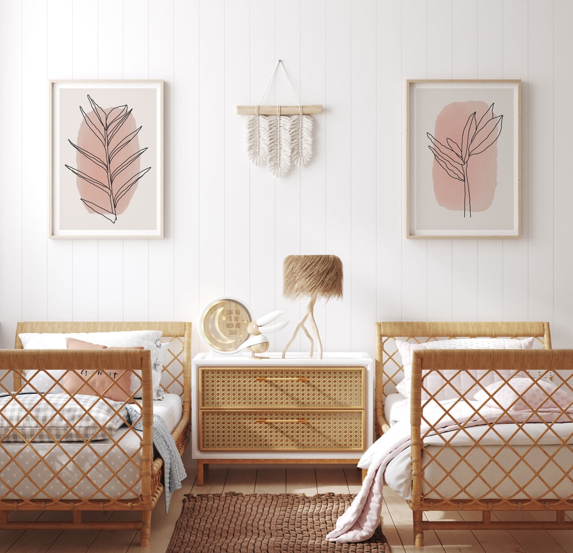 Blush Pink Botanical Leaf Line Art Two Piece Minimalist Gallery Poster - Image 2