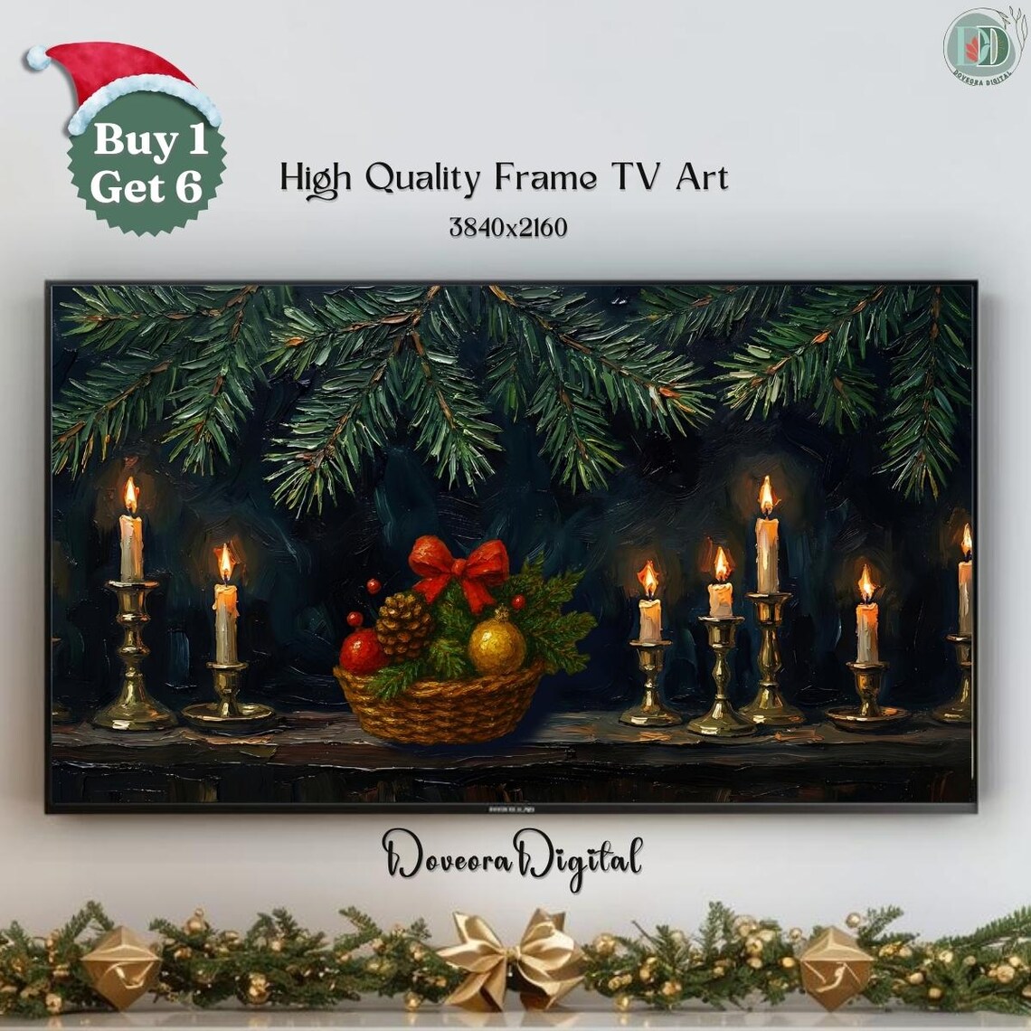 Christmas Candles and Pine Still Life Samsung Frame TV Art Holiday Print