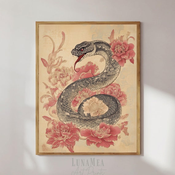 Chinese Zodiac Art Print Year Of The Snake 2025 Asian Wall Art With Flowers Lunar New Year Poster Feng Shui Decor 1