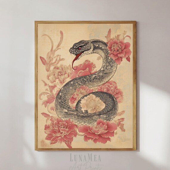 Year Of The Snake 2025 Chinese Zodiac Black Serpent Red Peony Art Poster